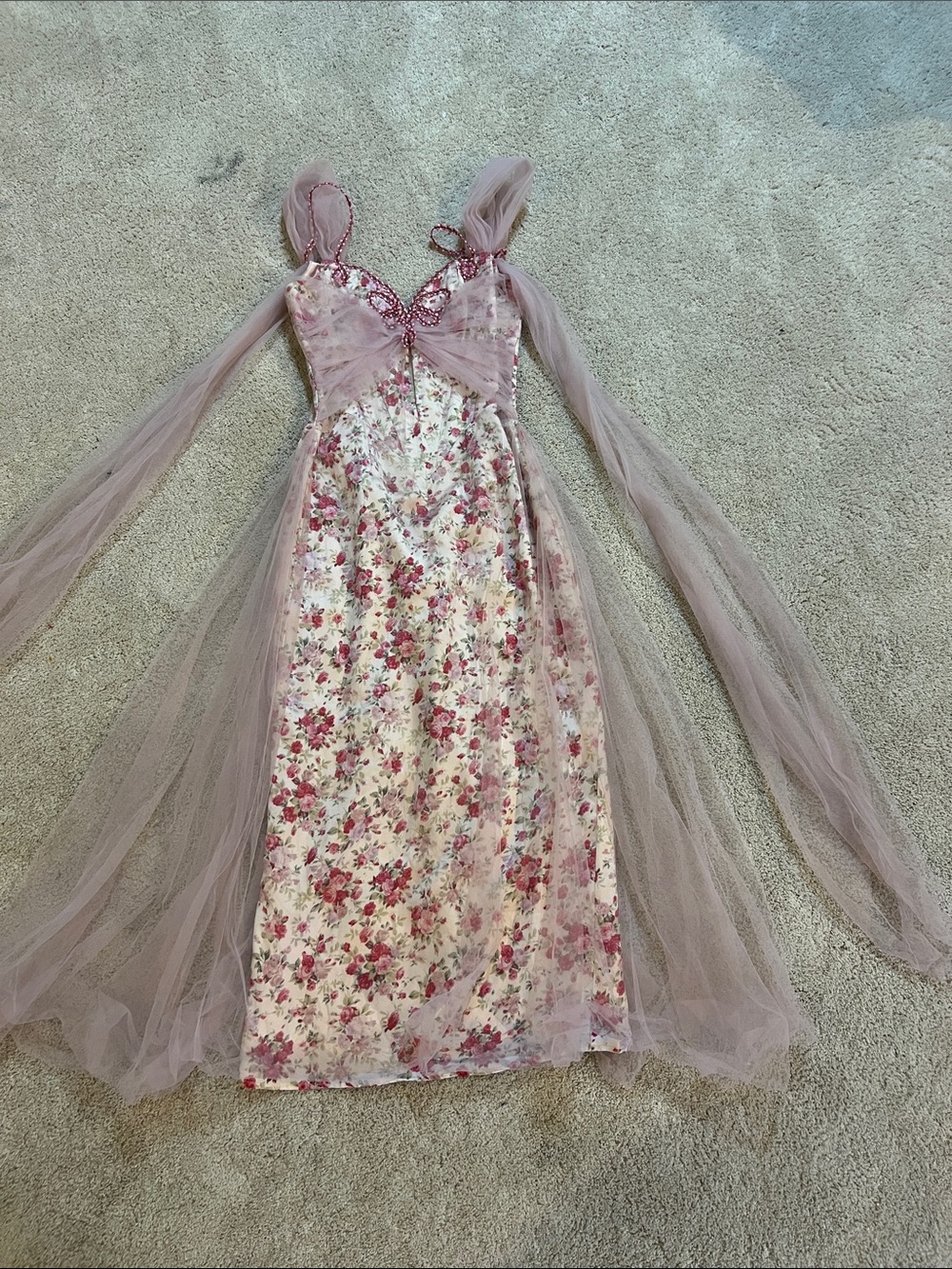 Pink Floral Lace-Trim Slip Dress with Tulle Overlays